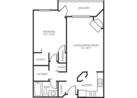 Floor plan for 1 bed, 1 bath, 744 sqft